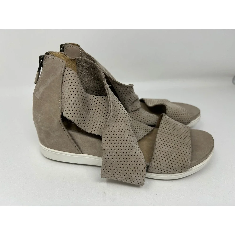 Eileen Fisher Taupe Perforated Suede Wedge Sandals Womens 6.5 Grey Wrap Back Zip